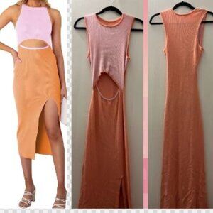 Pink and Orange Sleeveless Cut Out High Slit Ribbed Knit Bodycon Dress